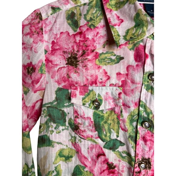 Karen Scott Petites P Floral Button-Up Shirt Pockets Flowers Cotton 3/4 Sleeves - Picture 3 of 12